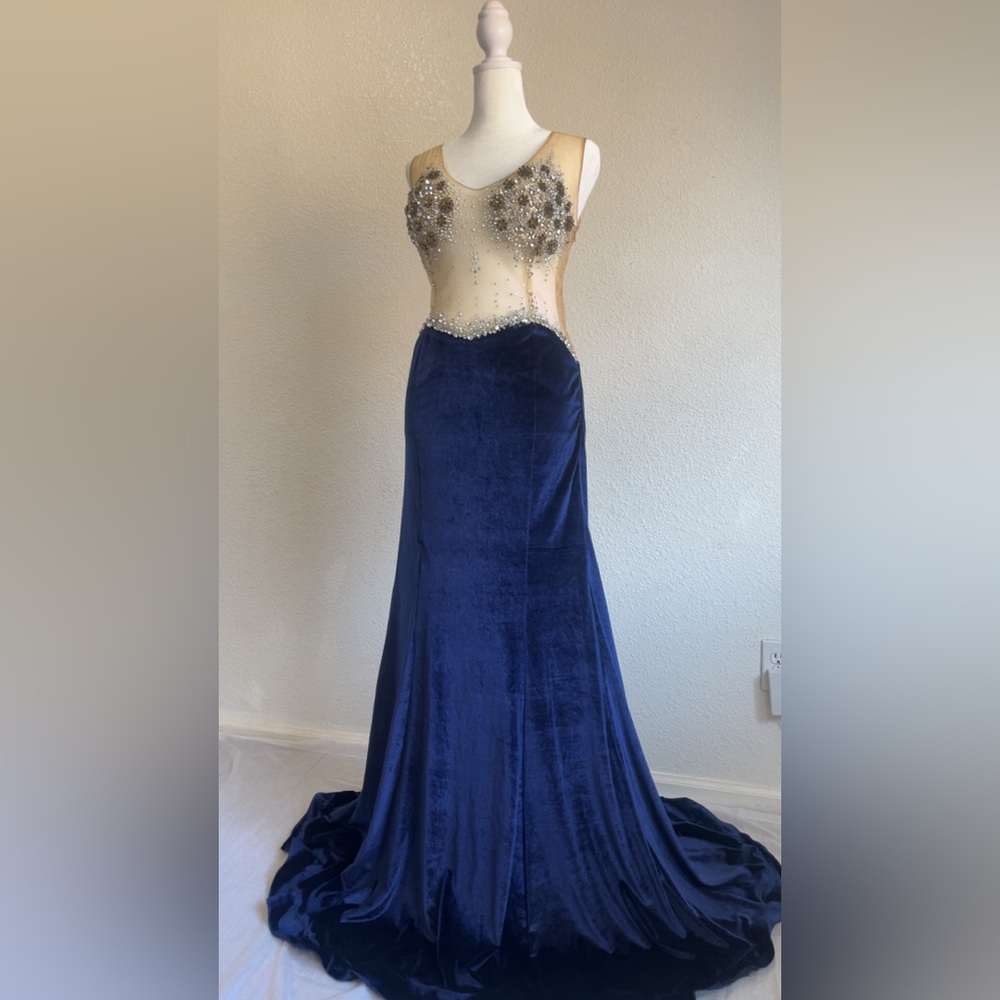 Navy Velvet Prom Dress Rhinestone Bodice